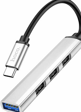 Usb hub hoco hb26 4 в 1 type-c usb3.0 usb2.0 алюминий 2a для подключения 4 устройств серебряный