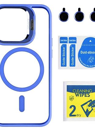 Чехол tpu pc противоударный с magsafe для iphone 14 pro защита камеры с металлической подставкой синий