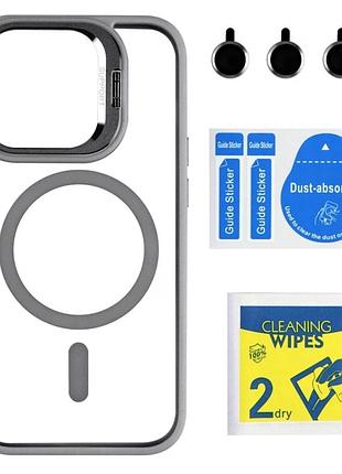 Чехол tpu pc metal stand case с magsafe для iphone 15 pro серый защита камеры противоударный