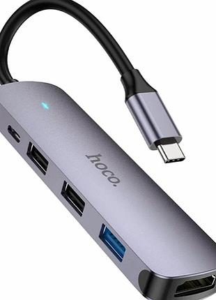 Usb hub hoco hb27 type-c 3 порти usb 2.0 1 порт usb 3.0 60 вт 4k hdmi сірий