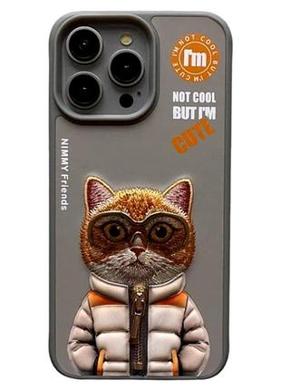 Чехол tpu+pc противоударный для iphone 15 с микрофиброй внутри серый cat grey