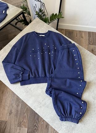 Спортивний костюм синій з вареним ефектом варений оверсайз zara (світшот + джоггери) xs s m l / спортивный костюм с варенным вываренным эффектом