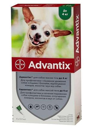 Краплі від бліх і кліщів для собак до 4 кг advantix (адвантікс) by bayer animal, 4 піпетки