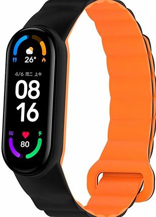 Ремешок силиконовый черный оранжевый для xiaomi mi band 3 4 5 6 7 с магнитной застежкой
