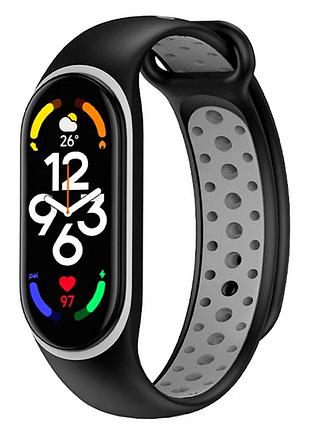 Ремешок для xiaomi mi band 5 6 7 силиконовый черный серый с перфорацией для фитнес трекера