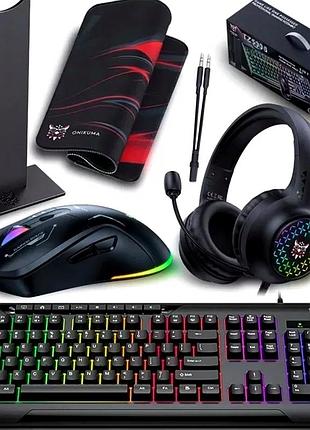 Ігровий комплект onikuma tz5008 5 в 1 чорний rgb мембранна клавіатура оптична миша-гарнітура килимок підставка