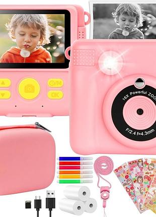 Детский фотоаппарат с печатью kids camera экран 2.4 ips 16x zoom карта 32gb для детей