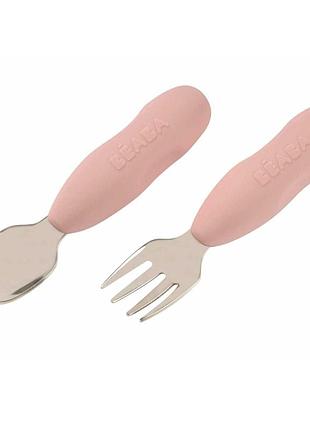 Набор ложка и вилка beaba металлические 10+ pink