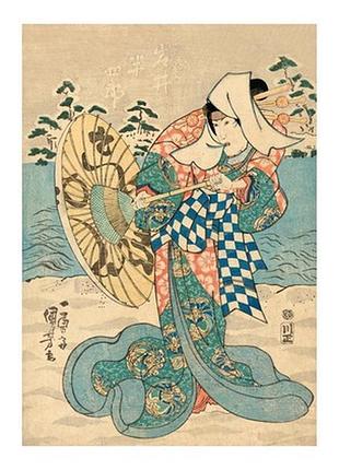 Листівка японське мистецтво - snow scene; female figure (in flowing blue, green, and pink robe