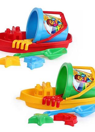 Гра пісочна «кораблик» (12) з 2889 «technok toys» відерце, грабельки, лопатка, 2 формочки, фігурка, 40 см, у сітці