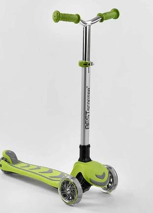 Трёхколёсный самокат y-00436 best scooter салатовый, алюминиевый складной руль, 4 светящихся pu колеса диаметром 12 см