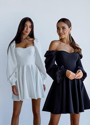 Luxe мини платье приталенное пышная юбка солнце длинный рукав буф манжеты вечерняя праздничная элегантная деловая официальная корсет чашки