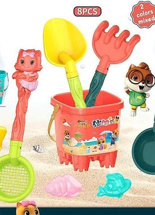 Игровой набор 733-372 (72/2) с 2 цветами, ведром, 2 лопатками, ситом, граблями и 3 формочками в сетке
