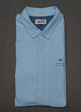 Воротник 43 см hilfiger denim size l голубая рубашка oxford 100% cotton slim fit пуговицы брендированные