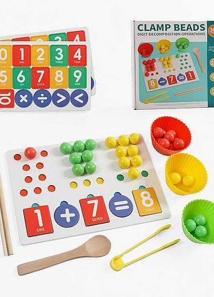 Развивающая игрушка f 43636 (40) из натурального дерева: цветные шарики, сортер, английские названия чисел, цифры, пинцет, ложка,