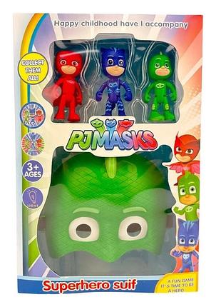 Ігровий набір pj masks маска геко зелена ( очі, що світять) + 3 фігурки героїв " герої в масках "