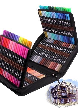 Набір двосторонніх акварельних маркерів laconile dual brush, 120 кольорів, в текстильному пеналі db-001-120