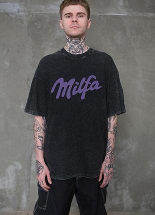 Чоловіча виварена оверсайз футболка without washed з принтом milfa black