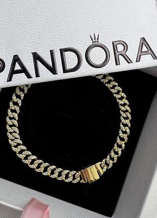 Серебряный браслет pandora кубинское плетение с паве с биркой. маркировка s925, ale, pandora размер 20см