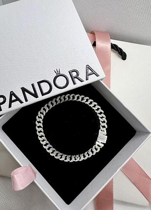 Серебряный браслет pandora кубинское плетение с паве с биркой. маркировка s925, ale, pandora размер 20см