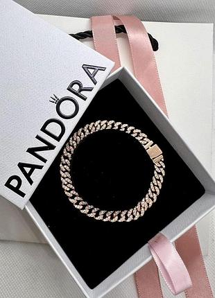 Серебряный браслет pandora кубинское плетение с паве с биркой. маркировка s925, ale, pandora размер 16см