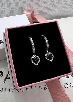 Срібні сережки pandora "чорне серце", кульчики пандора, пакування в подарунок