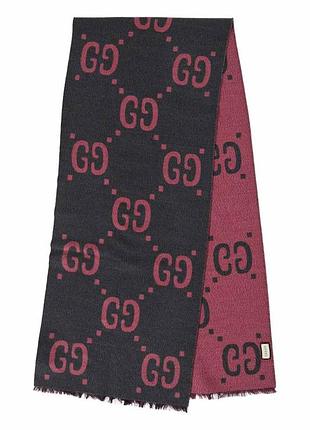 Gucci оригінал двосторонній жакардовий шарф з монограмою gg та сіро-червоною сумішшю вовни та шовку без комплектації.