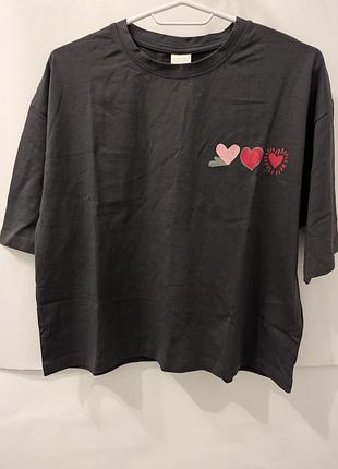 Футболка оверсайз для дівчинки zara,13,14,164,чорна,зара,з малюнком,бавовна,сіра,широка,вільна,пряма,кроп,коротка