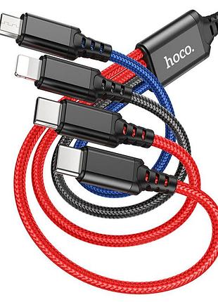 Кабель hoco x76 usb - lightning+type-c+type-c+micro 2a, 1m, нейлон, алюминиевые разъемы, цвет черный+red+blue