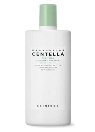 Сонцезахисне молочко для обличчя spf50+ skin1004 madagascar centella tea-trica soothing sun milk 50 мл — для проблемної шкіри
