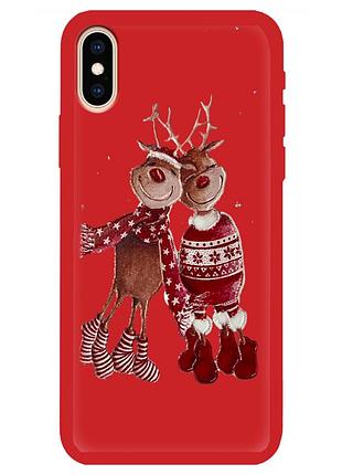 Чехол новогодний tpu для iphone x/xs (05) олени пара merry cristmas красный