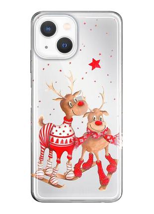 Чехол прозрачный новогодний clear для iphone 13 (05) олени пара