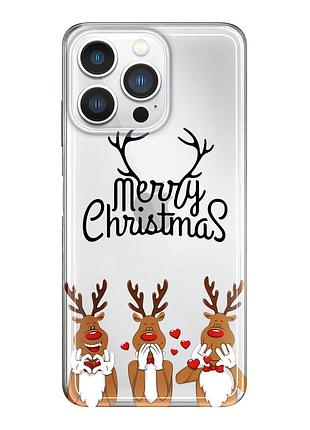 Чехол прозрачный новогодний clear для iphone 13 pro max (01) merry christmas олени