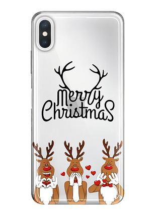 Чохол прозорий новорічний clear для iphone xsmax (01) merry christmas олені