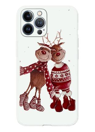 Чехол новогодний tpu для iphone 13 pro (04) олени пара merry cristmas белый