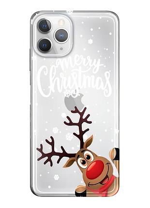 Чехол прозрачный новогодний clear для iphone 11 pro (09) олень merry christmas