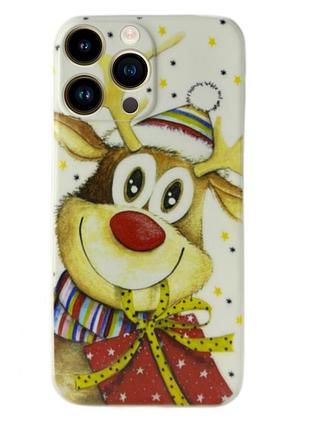 Чехол новогодний premium для iphone 14 pro max (04) новогодний олень белый