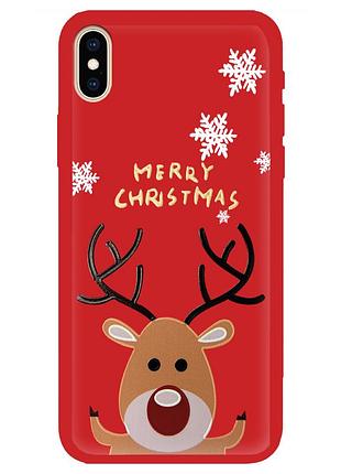 Чохол новорічний tpu для iphone xsmax (12) олень happy merry cristmas червоний