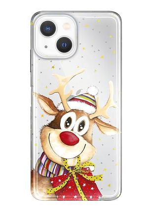 Чехол прозрачный новогодний clear для iphone 13 mini (13) олень подарок
