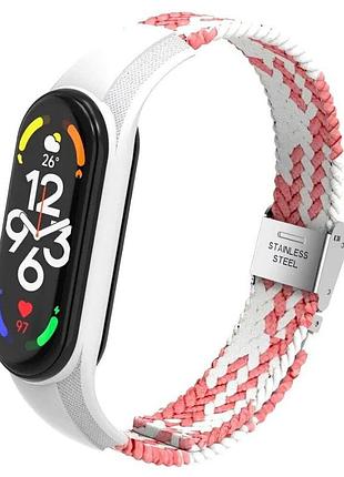 Ремешок нейлоновый с магнитной застежкой для mi band 3/4/5/6/7 белый с розовым