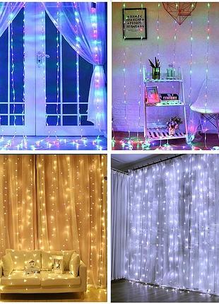 Гирлянда штора от сети 3х2 м 272 led теплый белый свет украшение для окна стены или балкона