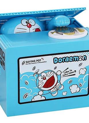 Интерактивная копилка doraemon для детей с автоматическим приемом монет из пластика цвет блакитный работа от батареек