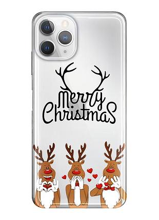 Чохол прозорий новорічний clear для iphone 11 pro (01) merry christmas олені