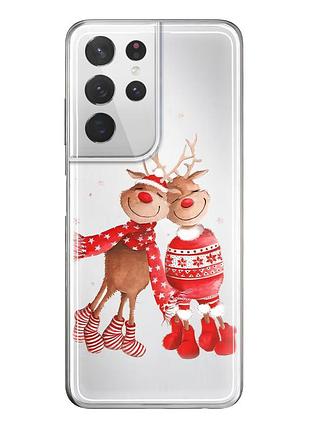 Чохол прозорий новорічний clear для samsung s21 ultra (01) пара олені