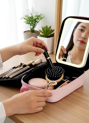 Дорожный органайзер для косметики 23х13х8 см с led-зеркалом и usb розовый текстиль