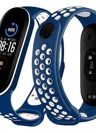 Ремешок силиконовый для mi band 5/6 противоударный с магнитным замком синий с белым