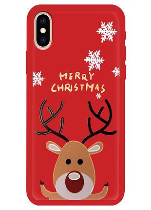 Чехол новогодний tpu для iphone x/xs (12) олень happy merry cristmas красный