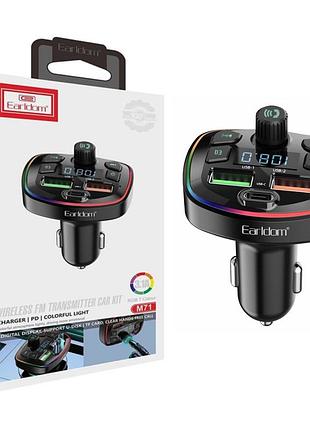 Fm-трансмітер для авто earldom m71 mp3 2 usb+type-c 3.1 a led-дисплей прикурювач чорний