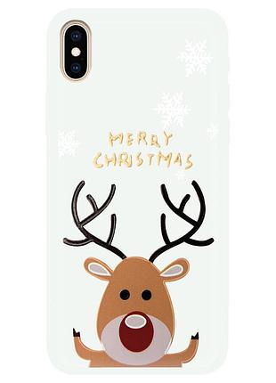 Чохол новорічний tpu для iphone xsmax (11) олень happy merry cristmas білий