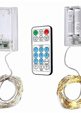 Гирлянда led xmas линейная 10м прозрачный провод 100 ламп с пультом warm white бокс для батареек aa